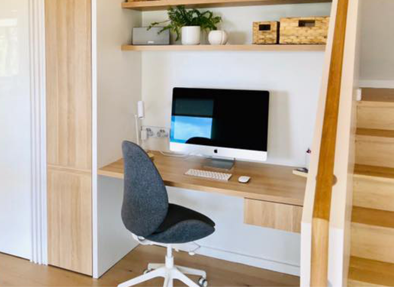 Home Office Study Nook featuring Polytec Natural Oak floating shelves and in-built desk.